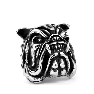 Bague Bouledogue en Acier Inoxydable Vintage pour Hommes Gothique Punk Tête d'Animal Biker Bijoux Rétro Cadeau