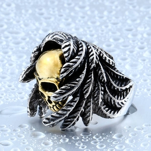 Gothic style men's wing skull ring in vintage silver and gold stainless steel casting