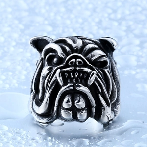 Bague tête de bouledogue en acier inoxydable pour hommes avec finition argentée