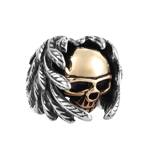 Vintage punk men's stainless steel ring featuring a gold skull and silver wing feathers