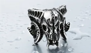 Macro shot of vintage stainless steel ram skull ring with detailed spiral horns