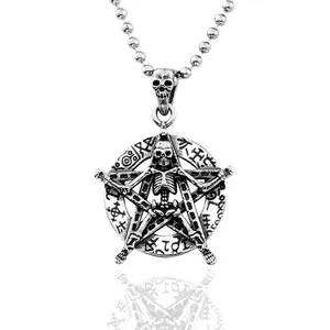 Pendentif Pentagramme Squelette en Acier Inoxydable Gothique pour Homme Bijoux Punk Gravure Runes Rétro Sans Chaîne