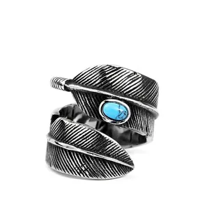 Vintage Titanium Steel Feather Open Ring For Men Women Artificial Turquoise Inlaid Adjustable Band Gothic Punk Jewelry Gift