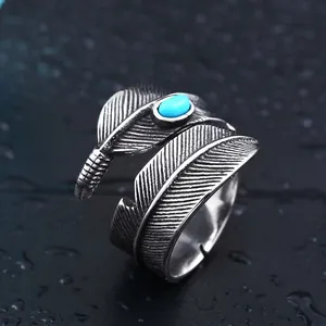 Vintage stainless steel open feather ring with turquoise stone inlay for men and women