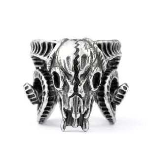 Vintage Stainless Steel Ram Skull Ring For Men Gothic Punk Animal Head Biker Band Ring Hip Hop Jewelry Cool Jewelry Gift