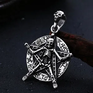 Pendentif tête de mort et pentagramme vintage punk en acier inoxydable pour homme