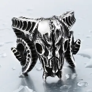Vintage stainless steel ram skull ring with detailed horn texture and gothic finish