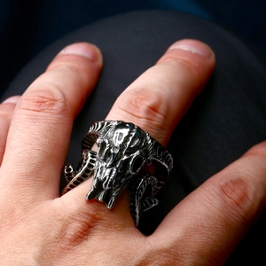 Vintage stainless steel ram skull ring with curved horns in gothic punk style for men