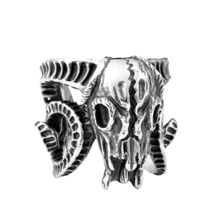 Vintage stainless steel sheep skull ring with antique finish and horn texture detail