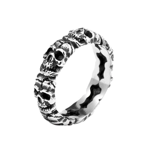 Gothic punk men's skull ring in vintage stainless steel with detailed silver black engraving