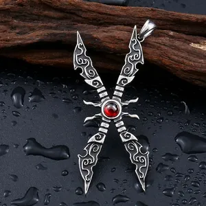 Retro stainless steel cross pendant necklace with red zircon stone on black background