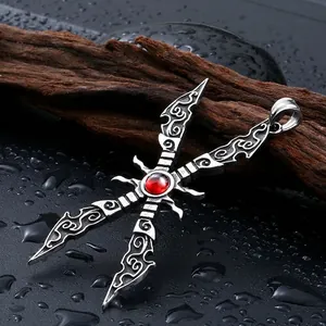 Gothic vintage stainless steel cross pendant with red zircon inlay on black stones