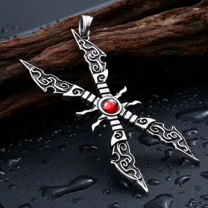Gothic vintage stainless steel cross pendant with red gemstone and floral engravings