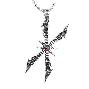 Gothic vintage stainless steel cross pendant with red gemstone and floral engraving