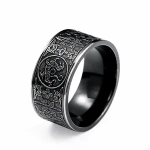 Men's Vintage Titanium Steel Four Mythical Beasts Ring Ethnic Style Distressed Black Steel Antique Silver Band Ring Gothic Punk Jewelry For Men Gift