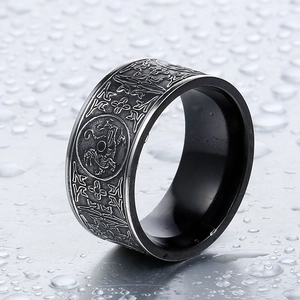 Men's vintage black stainless steel ring featuring mythical beast totem and runes