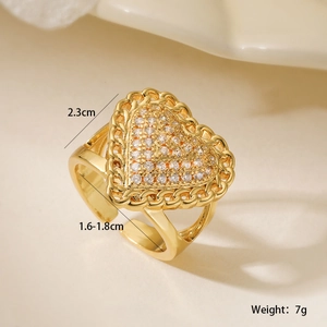 Detail showing dimensions of an 18K gold plated heart ring with sparkling zircons