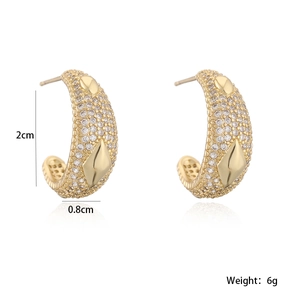 18K gold plated C-shaped geometric hoop earrings with cubic zirconia and metal accents