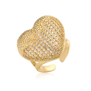 Adjustable 18K gold-plated copper heart ring with zircon stones and hammered texture