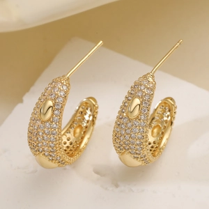 18K gold plated C-shaped hoop earrings with sparkling zircon stones in a retro style