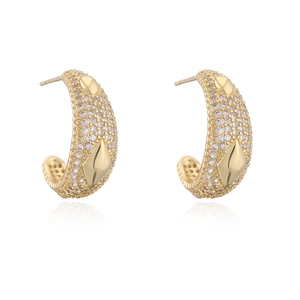 Detail of 18K gold-plated C-shaped earrings with pavé zircons and geometric accents