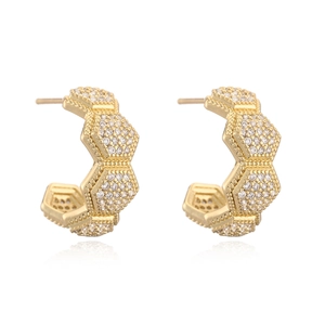 18K gold plated geometric C-shape hoop earrings with honeycomb zircon pavé settings