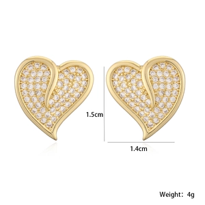 18K gold plated heart stud earrings with sparkling white zircons on a white background