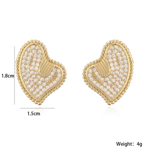 Close-up of vintage 18K gold plated heart earrings with white zircon paving and dimensions