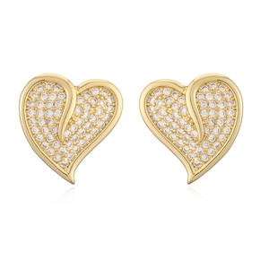 Macro view of 18K gold-plated heart stud earrings with pavé-set cubic zirconia stones