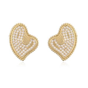 18K gold plated heart stud earrings for women with paved zircon and milgrain detail