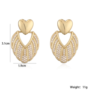Boucles d'oreilles cœur et éventail plaqué or 18K avec zircons blancs 3.1x1.9cm