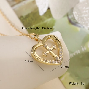 Detail showing 18K gold plated heart cross necklace dimensions and chain length