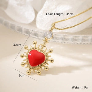Detail of red enamel heart cross necklace with zircon stones and 45cm chain dimensions