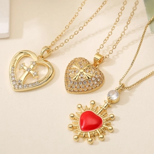 18K Gold Plated Copper Heart Cross Pendant Necklace Exquisite Colorful Enamel Zirconia Heart Necklace For Women Jewelry