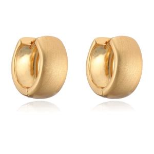 Detail of wide gold plated huggie earrings showing matte brushed finish and polished edges