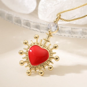 18K gold plated necklace with a red enamel heart pendant and zircon stone