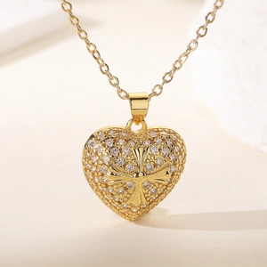 18K gold plated heart pendant necklace with cross design and sparkling zircon pavé