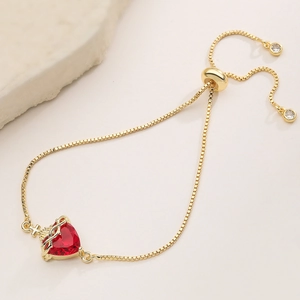 Bracelet bolo plaqué or avec zircon coeur rouge, breloque croix et couronne d'épines