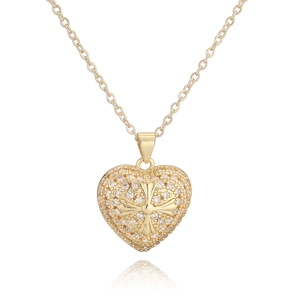 Gold plated heart pendant necklace with cross design and zircon pavé setting