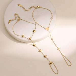 Minimalist Stainless Steel 18K Gold Plated Hand Chain Heart Charm Finger Ring Chain For Women Fashion Jewelry