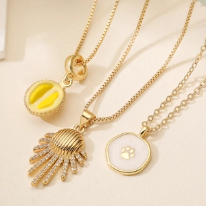 Fashion 18K Gold Plated Copper Enamel Pendant Necklace Minimalist Zirconia Geometric Inlay Durian Cat Paw Clavicle Chain For Women