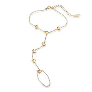 Minimalist 18K gold plated stainless steel heart slave bracelet with finger ring attachment