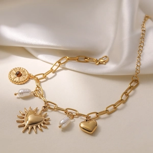 Bracelet Pendentif Vintage en Acier Inoxydable Plaqué Or 18K Coeur Tournesol Avec Breloques Künstliche Perles Baroques Soleil Bijoux Femme