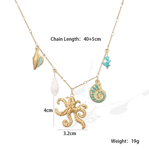 Detailed specs of octopus and shell pendant necklace with 40+5cm chain length info