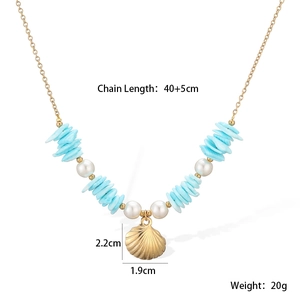 Detailed specs of shell pearl necklace with 40+5cm chain and 20g weight measurements
