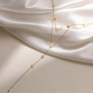 Collier double couche à pompon cœur doré en acier inoxydable poli pour femme