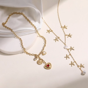 Collier En Acier Inoxydable Avec Pendentif Étoile De Mer Et Cœur Pour Femmes Plqué Or Perle Artificielle Strass Bijoux De Plage