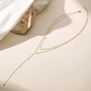 Collier Pendentif Cœur Double Couche en Acier Inoxydable Minimaliste pour Femme Plqué Or en Forme de Y avec Gland