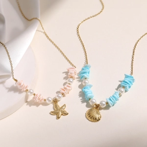 Ocean Style Stainless Steel Necklace With Sea Shell Starfish Pendant Colorful Beads Artificial Pearl Necklace For Women Summer Beach Jewelry