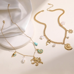 Stainless Steel Ocean Theme Necklace Women Gold Octopus Sea Snail Dolphin Faux Artificial Pearl Rhinestone Enamel Pendant Summer Jewelry